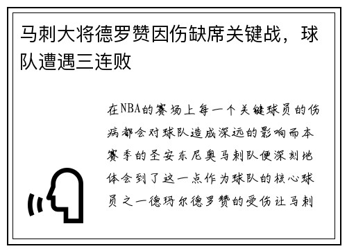 马刺大将德罗赞因伤缺席关键战，球队遭遇三连败