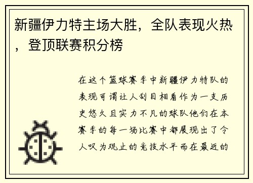 新疆伊力特主场大胜，全队表现火热，登顶联赛积分榜